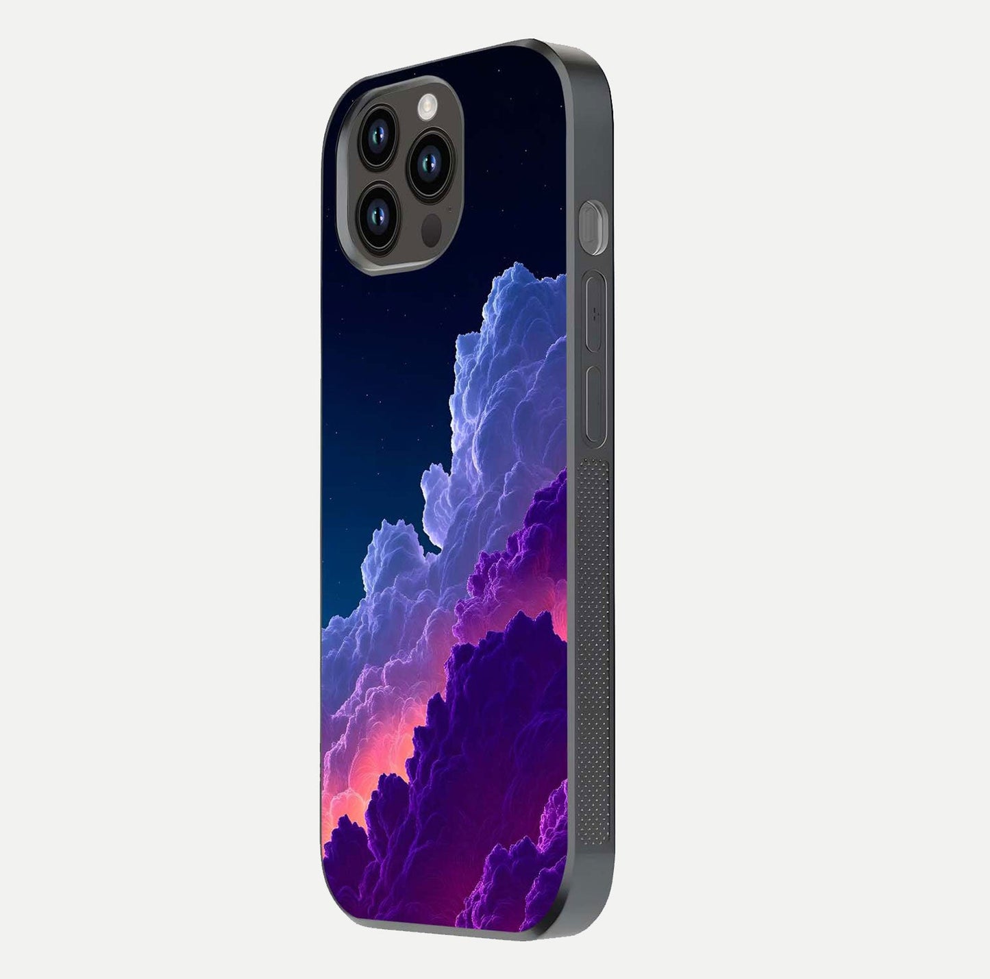 Dreamy Cloud Skies Glass Case for iPhone 14 Pro Max side-angle image showing reflection clarity and polish