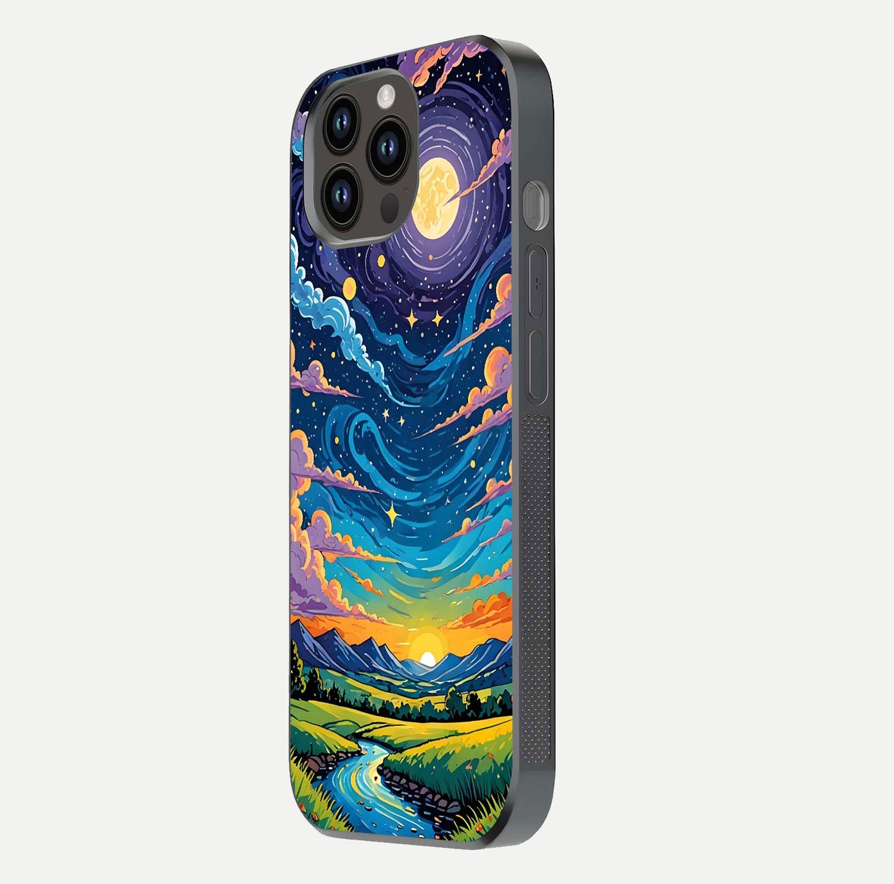Dreamy Night Landscape Glass Case for iPhone 14 Pro Max side-angle photo capturing reflection glow and edge detail