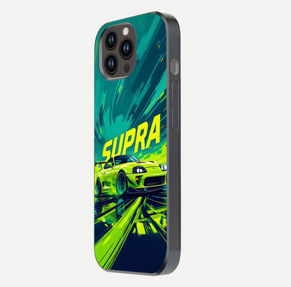Electric Supra Thunder Glass Case for iPhone 14 Pro Max side-angle photo showing sleek car outline and reflective shine