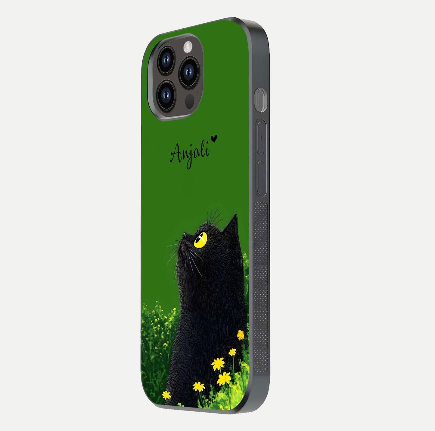 Emerald Cat Custom Name Glass Case for iPhone 14 Pro Max side-angle photo showing name clarity and glass reflection