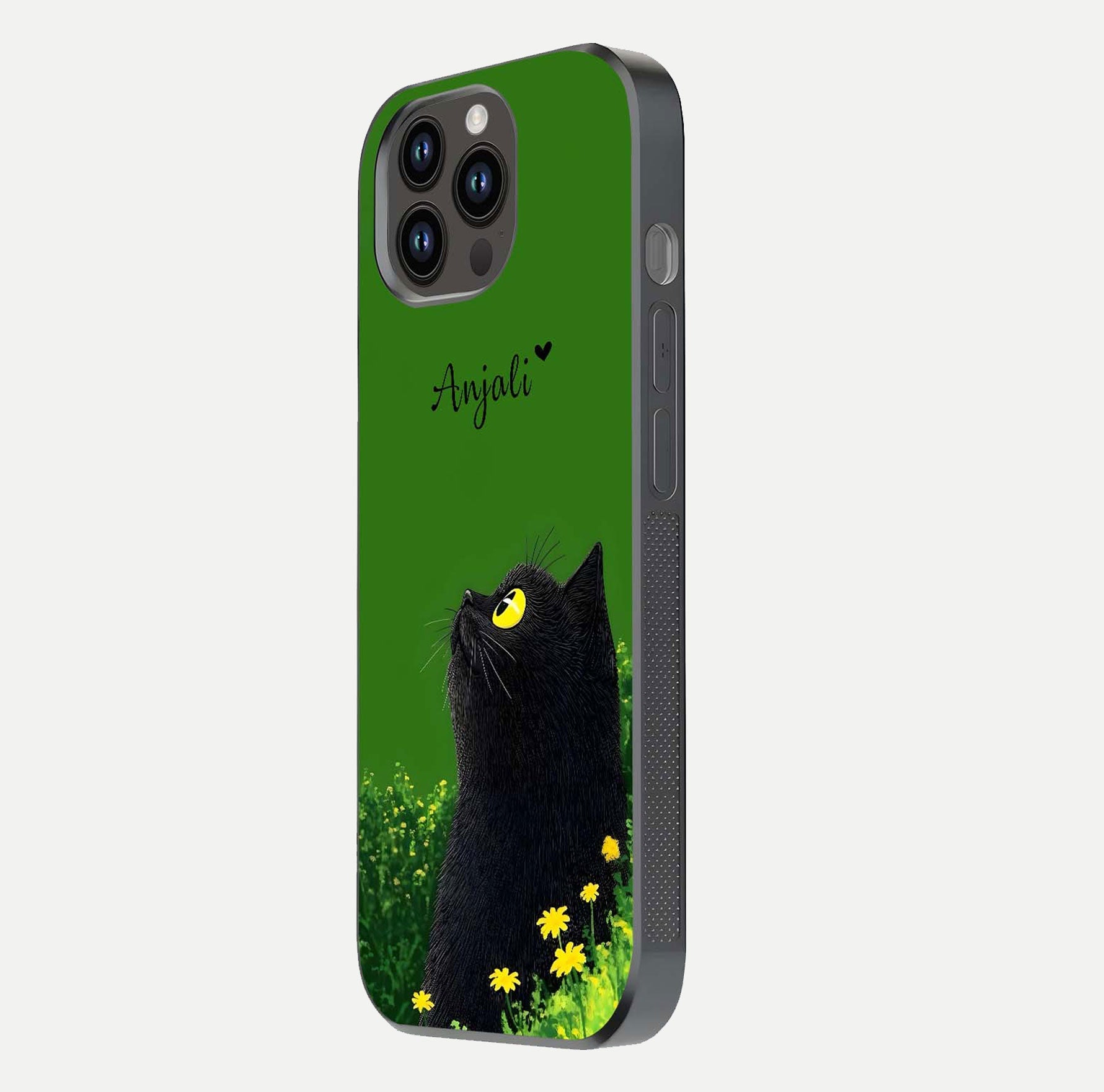 Emerald Cat Custom Name Glass Case for iPhone 14 Pro Max side-angle photo showing name clarity and glass reflection