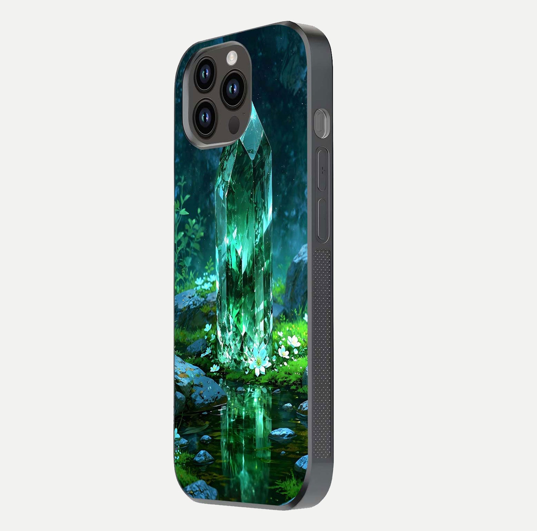 Emerald Light Crystal Glass Case for iPhone 14 Pro Max side-angle image showing gloss reflection and curved border