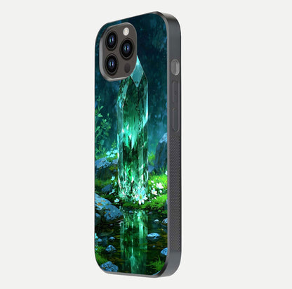 Emerald Light Crystal Glass Case for iPhone 14 Pro Max side-angle image showing gloss reflection and curved border