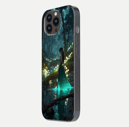 Enchanted Forest Glow Glass Case for iPhone 14 Pro Max side-angle image capturing shine reflection and rich detail