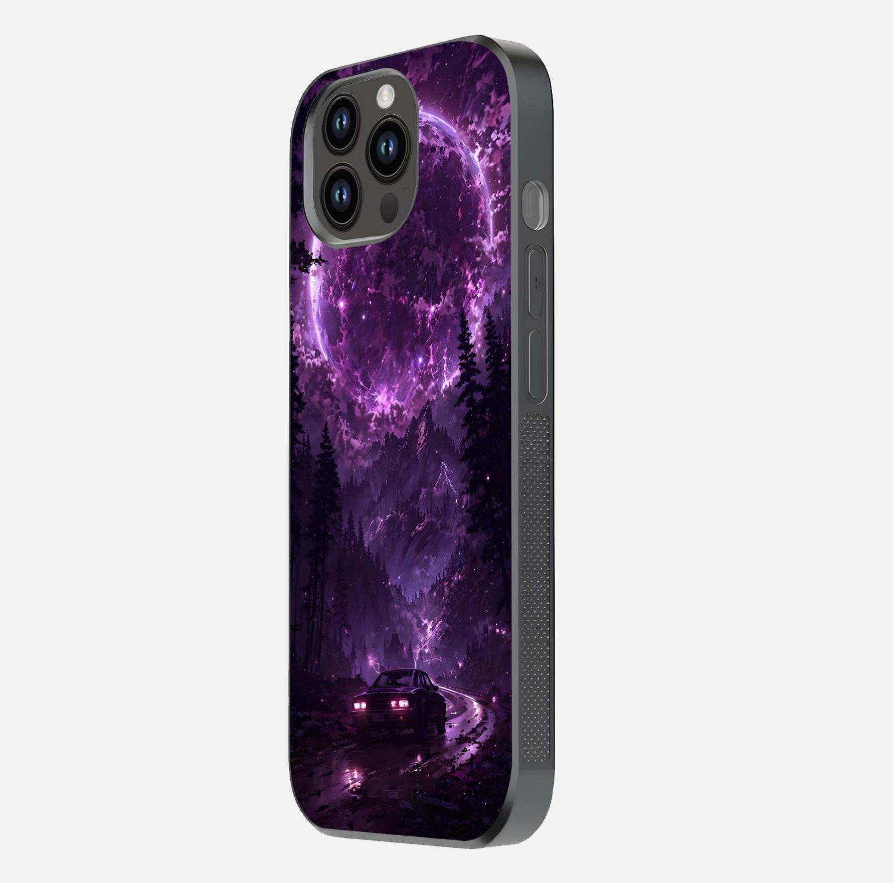 Eternal Cosmic Drive Glass Case for iPhone 14 Pro Max side-angle image showing reflection texture and color contrast