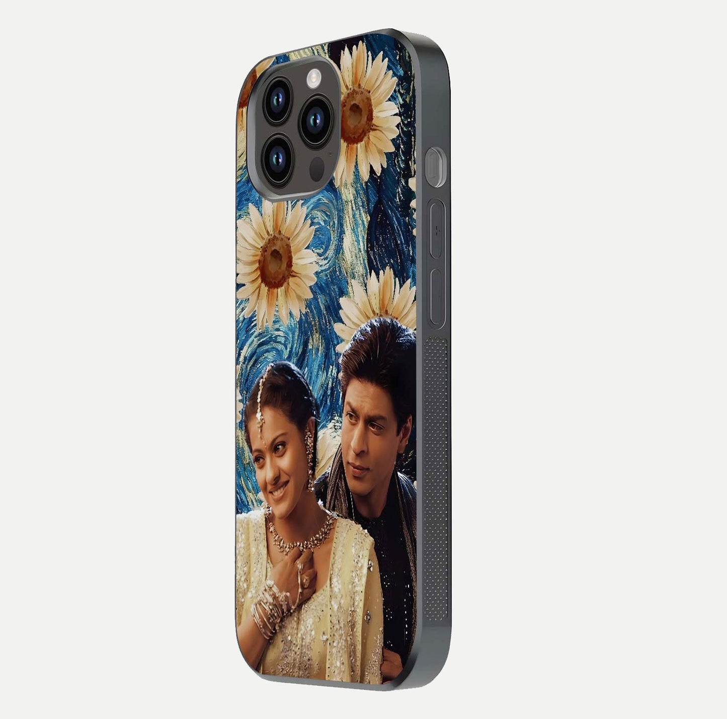 Eternal Love Story Glass Case for iPhone 14 Pro Max side-angle photo showing curved edges and polished surface