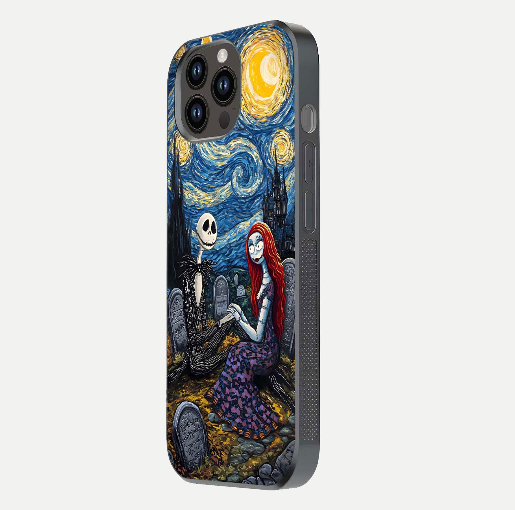 Eternal Night Love Glass Case for iPhone 14 Pro Max side-angle photo showing edge shine and soft reflection