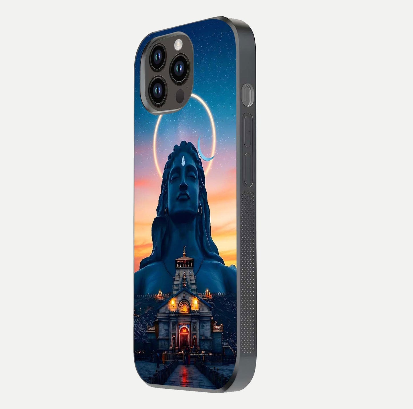 Eternal Shiva Aura Glass Case for iPhone 14 Pro Max side-angle image showing reflection clarity and rich tone