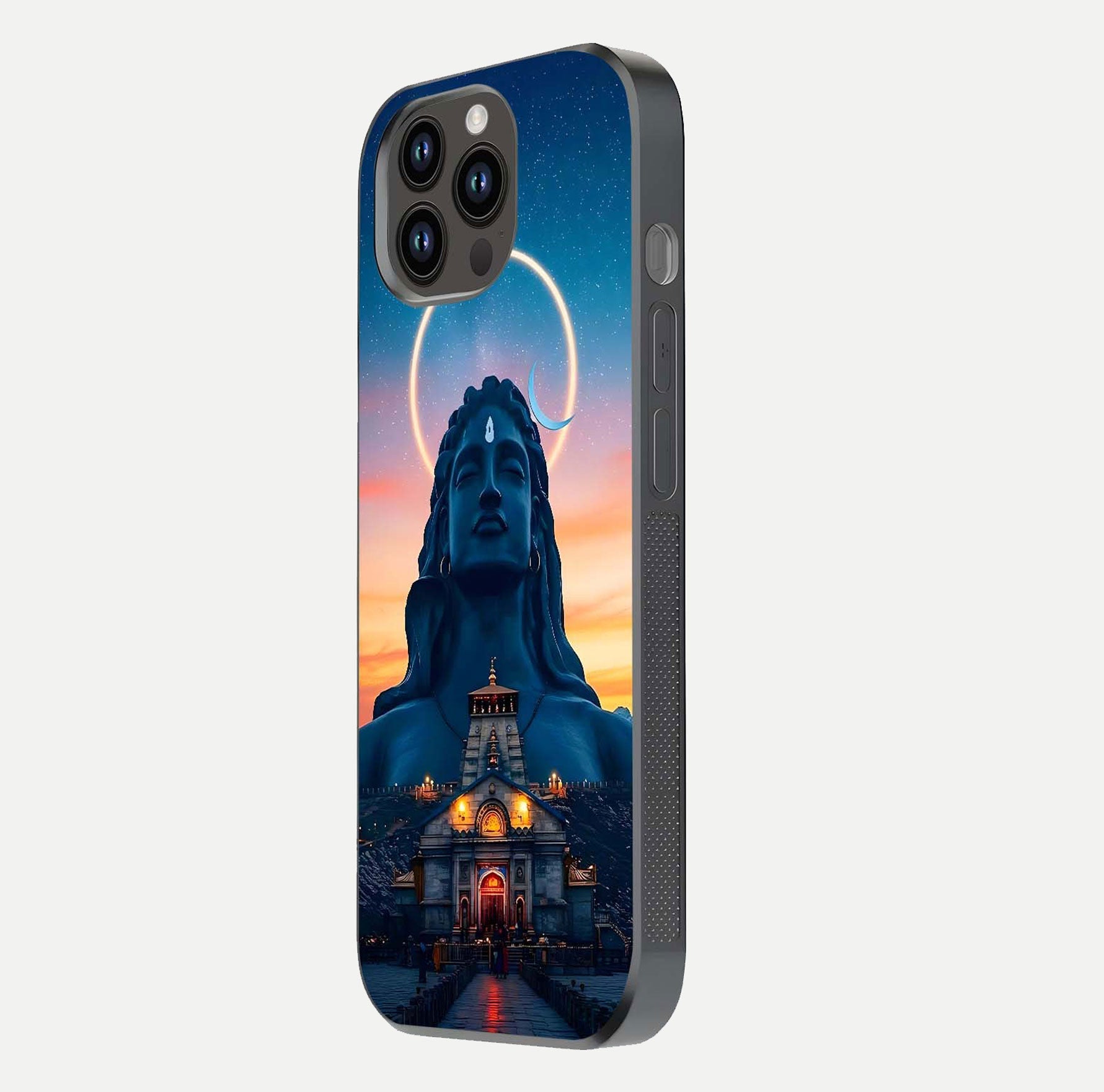 Eternal Shiva Aura Glass Case for iPhone 14 Pro Max side-angle image showing reflection clarity and rich tone