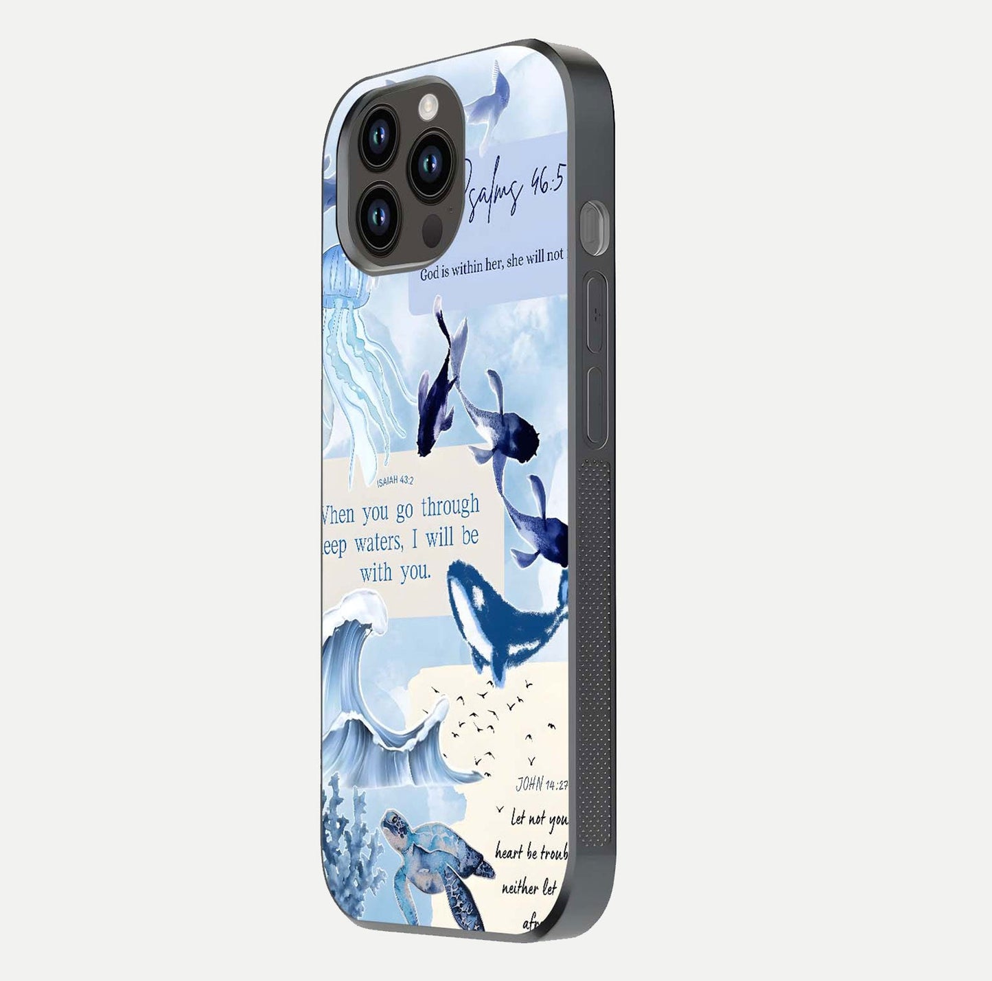 Faithful Ocean Promise Glass Case for iPhone 14 Pro Max side-angle photo showing reflection glow and color clarity