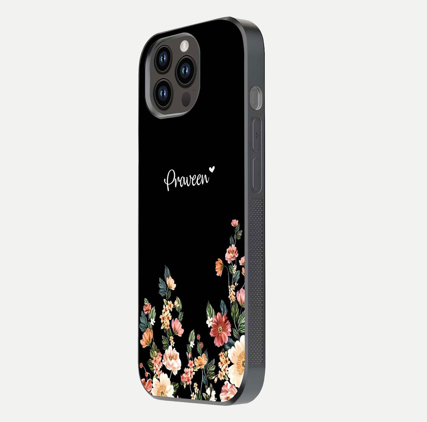 Floral Design Personalized Custom Name Glass Case for iPhone 14 Pro Max side-angle image showing name alignment and gloss shine
