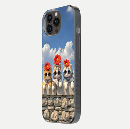 Floral Kitty Squad Glass Case for iPhone 14 Pro Max side-angle photo showing reflection glow and polished surface