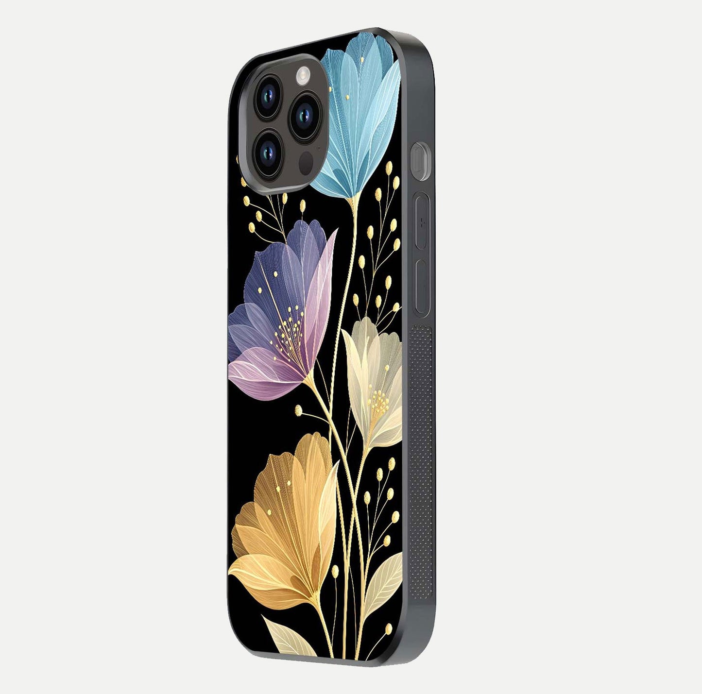 Flower Bloom Glow Glass Case for iPhone 14 Pro Max side-angle image capturing gloss reflection and flower glow