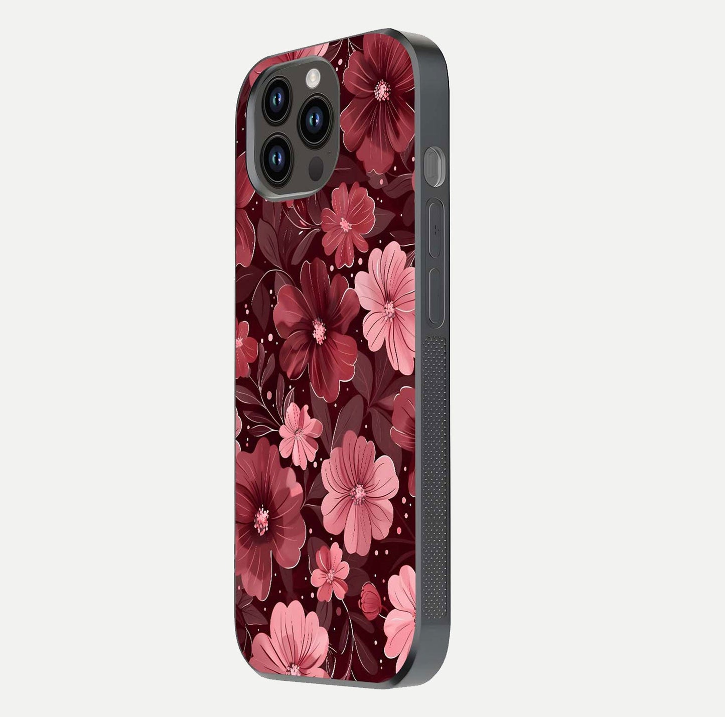 Flower Blush Bloom Glass Case for iPhone 14 Pro Max side-angle photo showing glass reflection and delicate hues