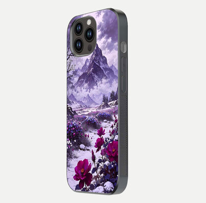 Flower Mountain View Glass Case for iPhone 14 Pro Max side-angle image showing gloss polish and smooth edge