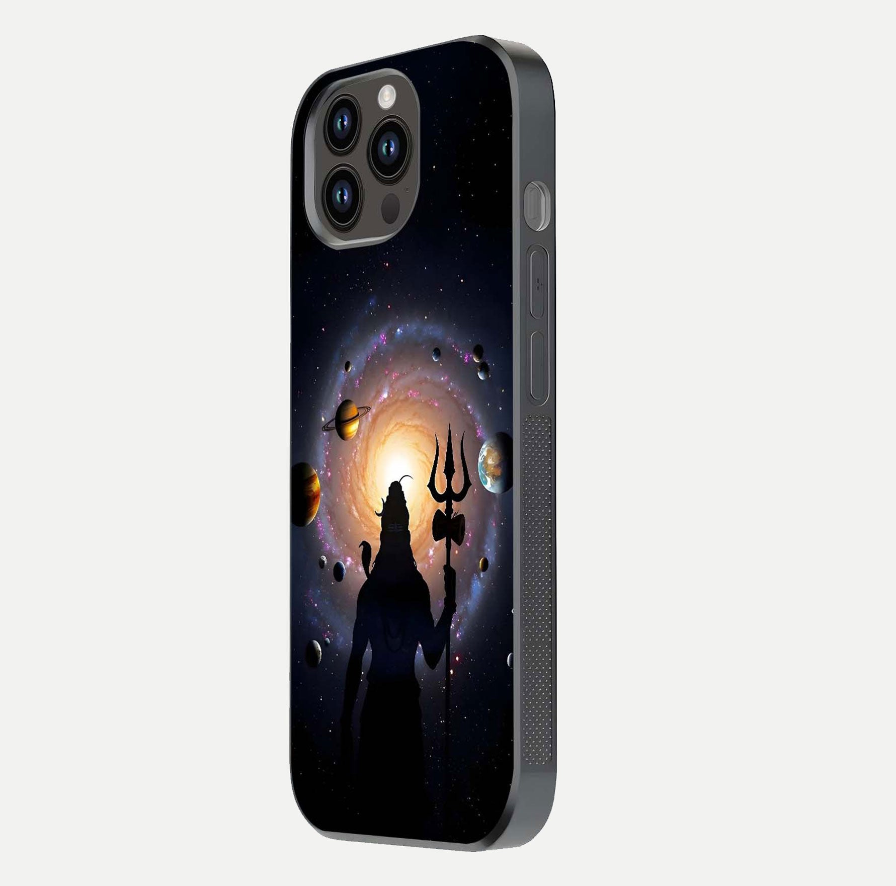 Galactic Shiva Vision Glass Case for iPhone 14 Pro Max side-angle image showing light reflection, glass edges, and spiritual cosmic theme