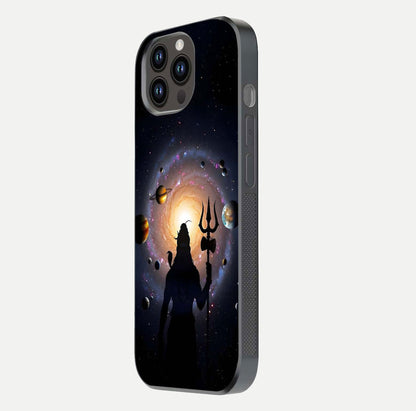 Galactic Shiva Vision Glass Case for iPhone 14 Pro Max side-angle image showing light reflection, glass edges, and spiritual cosmic theme