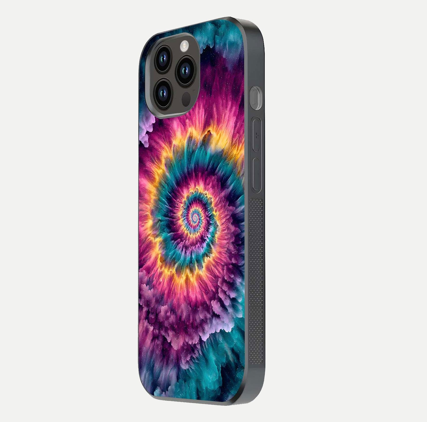 Galactic Spiral Burst Glass Case for iPhone 14 Pro Max side-angle image showing reflection clarity and vivid galactic texture