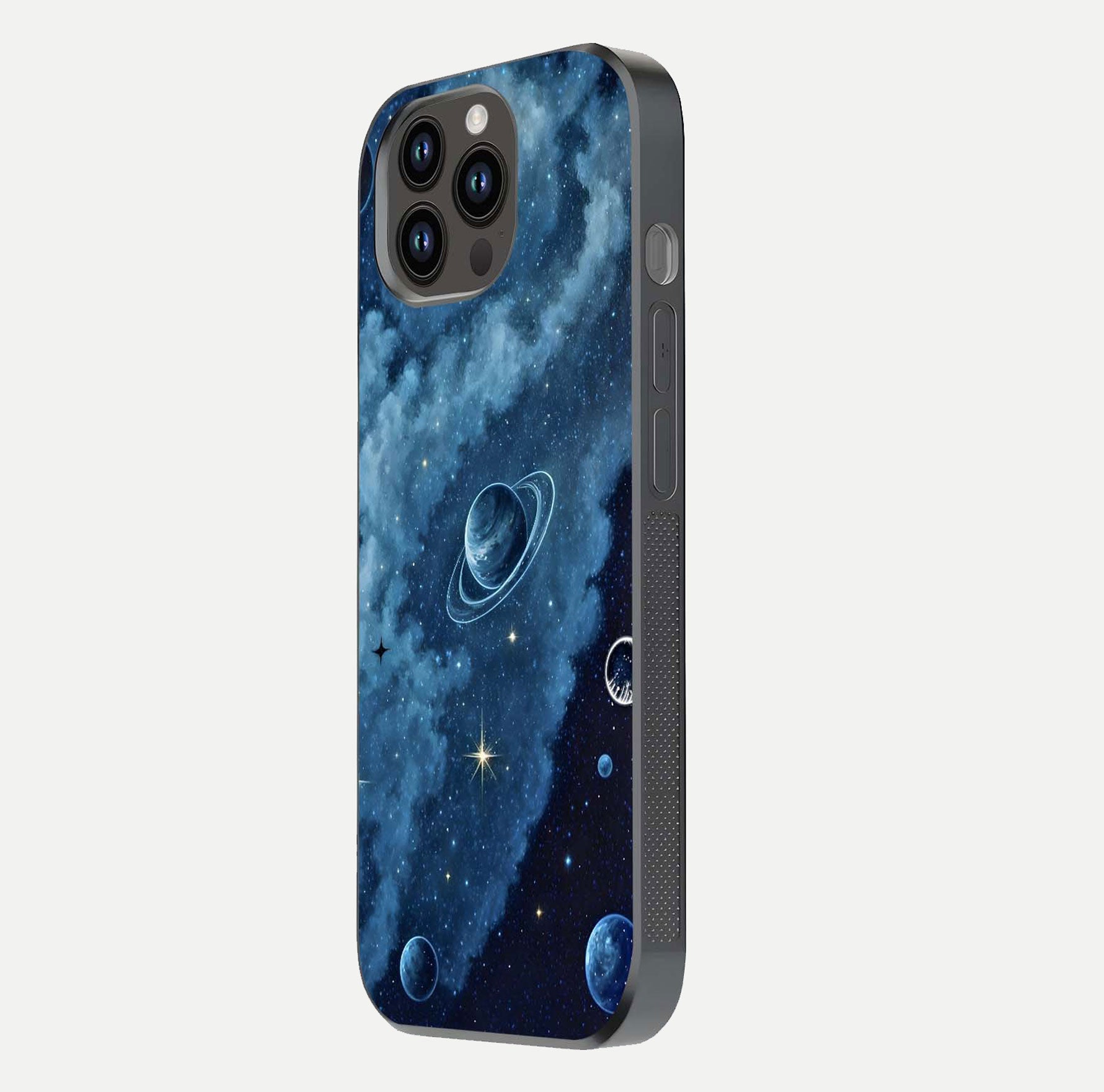 Galaxy Dream Space Glass Case for iPhone 14 Pro Max side-angle image capturing reflection clarity and galactic texture