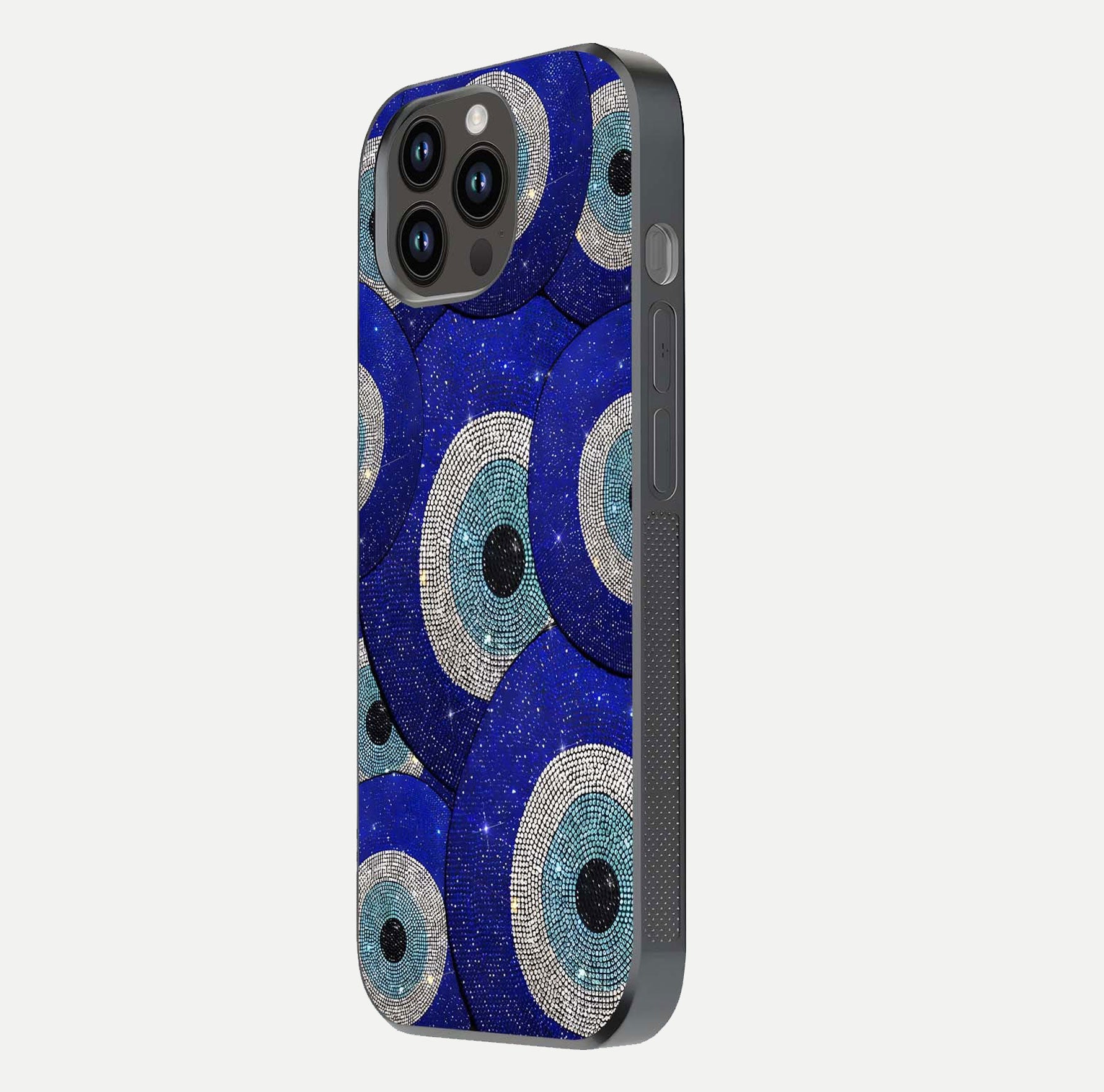 Galaxy Eye Flow Glass Case for iPhone 14 Pro Max side-angle image showing reflection detail and premium shine