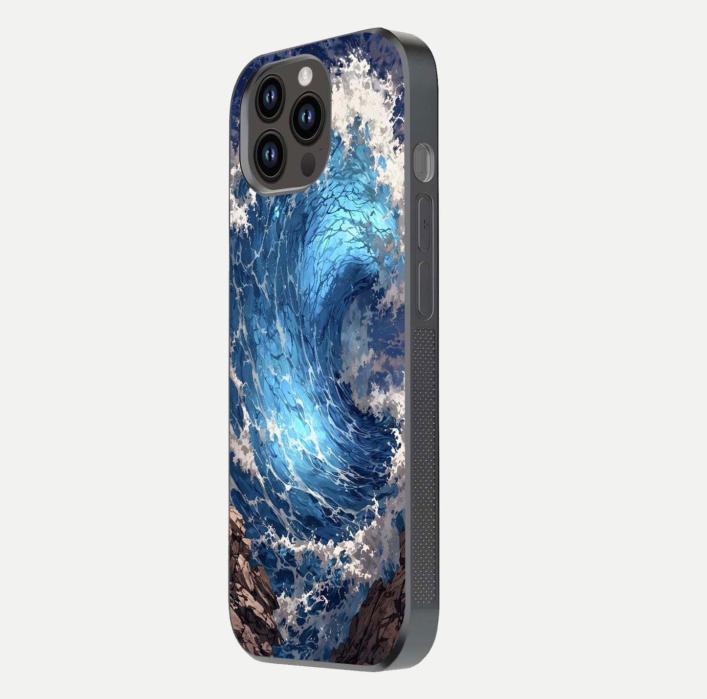 Giant Ocean Wave Glass Case for iPhone 14 Pro Max side-angle image showing light reflection and ocean detail