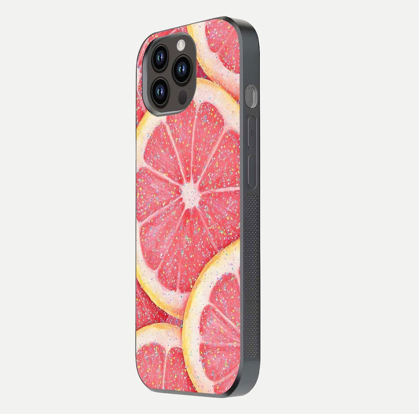 Glitter Grapefruit Glass Case for iPhone 14 Pro Max side-angle image showing reflection glow and polished edges