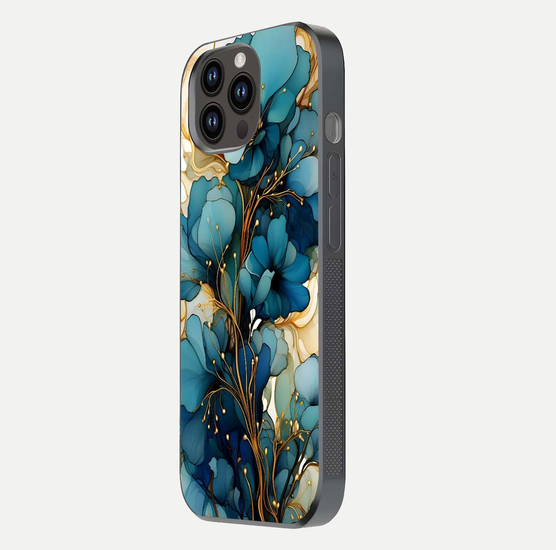 Golden Bloom Symphony Glass Case for iPhone 14 Pro Max side-angle image showing golden glow, light reflection, and premium surface
