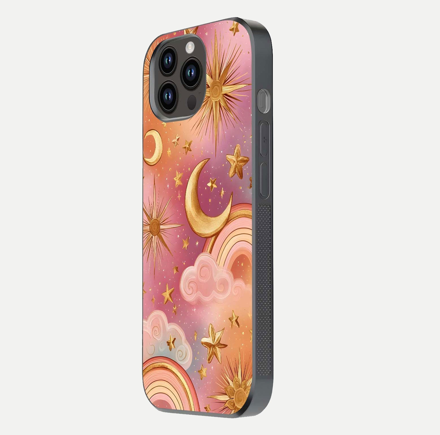 Golden Celestial Dreams Glass Case for iPhone 14 Pro Max side-angle image capturing reflection brightness and starry detail