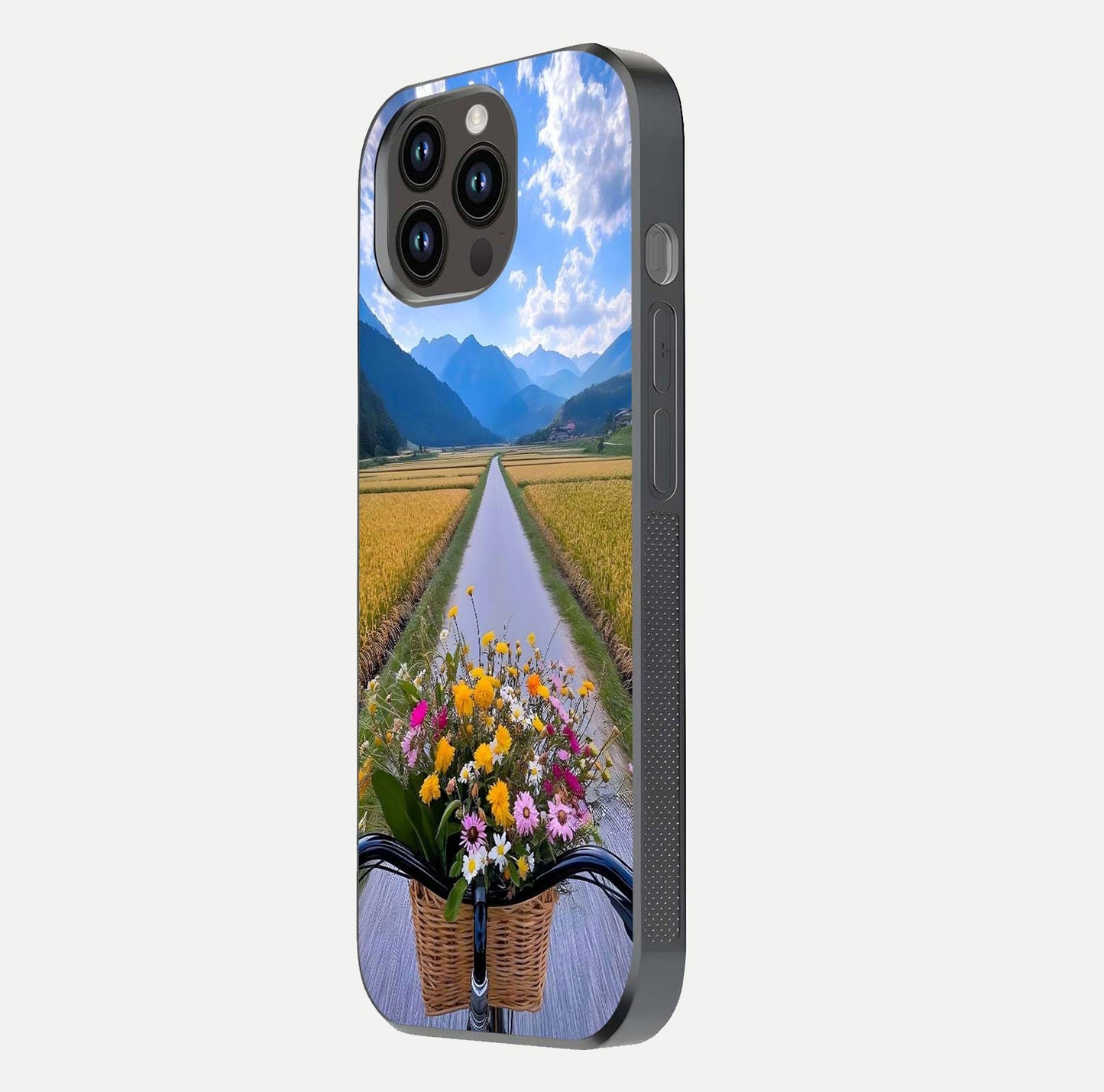 Golden Field Journey Glass Case for iPhone 14 Pro Max side-angle image showing golden glow, reflection shine, and curved edge