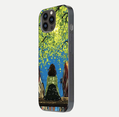 Golden Leaves Glow Glass Case for iPhone 14 Pro Max side-angle image showing reflection polish and elegant pattern
