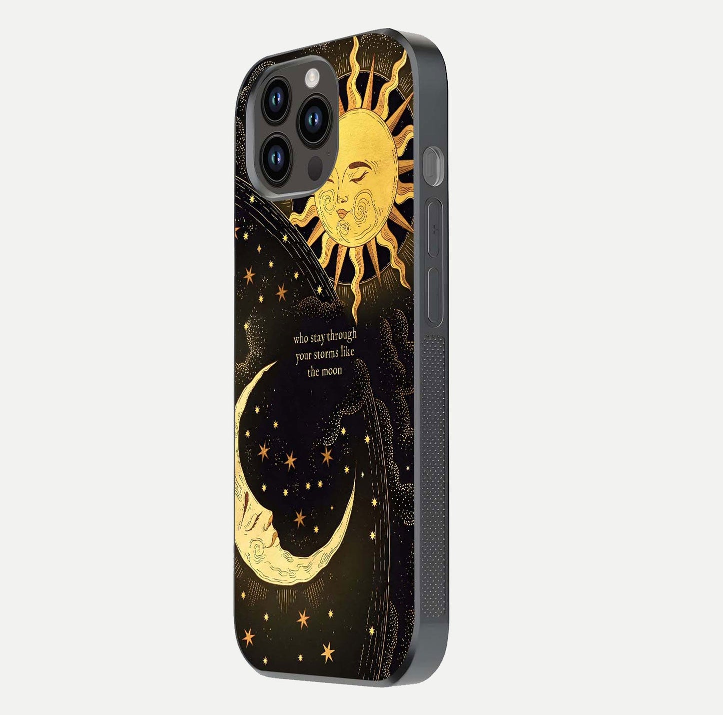 Golden Lunar Love Glass Case for iPhone 14 Pro Max side-angle image showing reflection brilliance and smooth golden tone