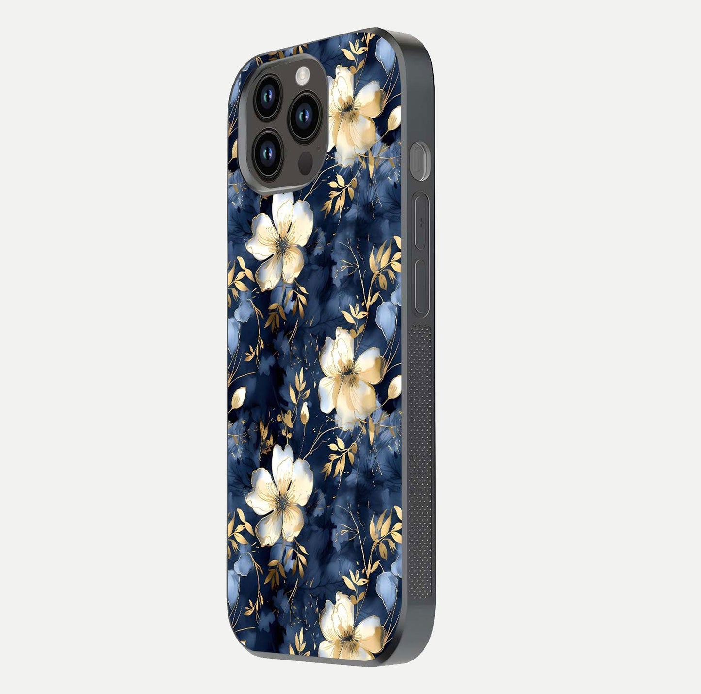 Golden Midnight Bloom Glass Case for iPhone 14 Pro Max side-angle image showing shine depth and elegant edge design