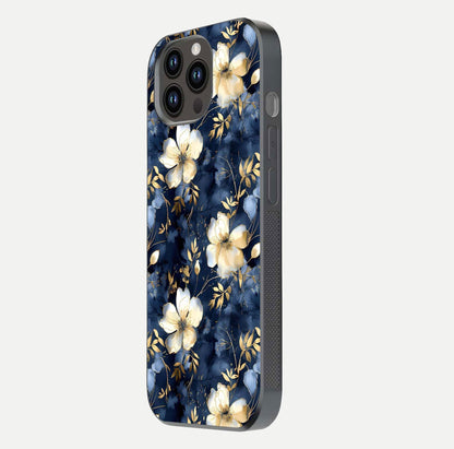 Golden Midnight Bloom Glass Case for iPhone 14 Pro Max side-angle image showing shine depth and elegant edge design