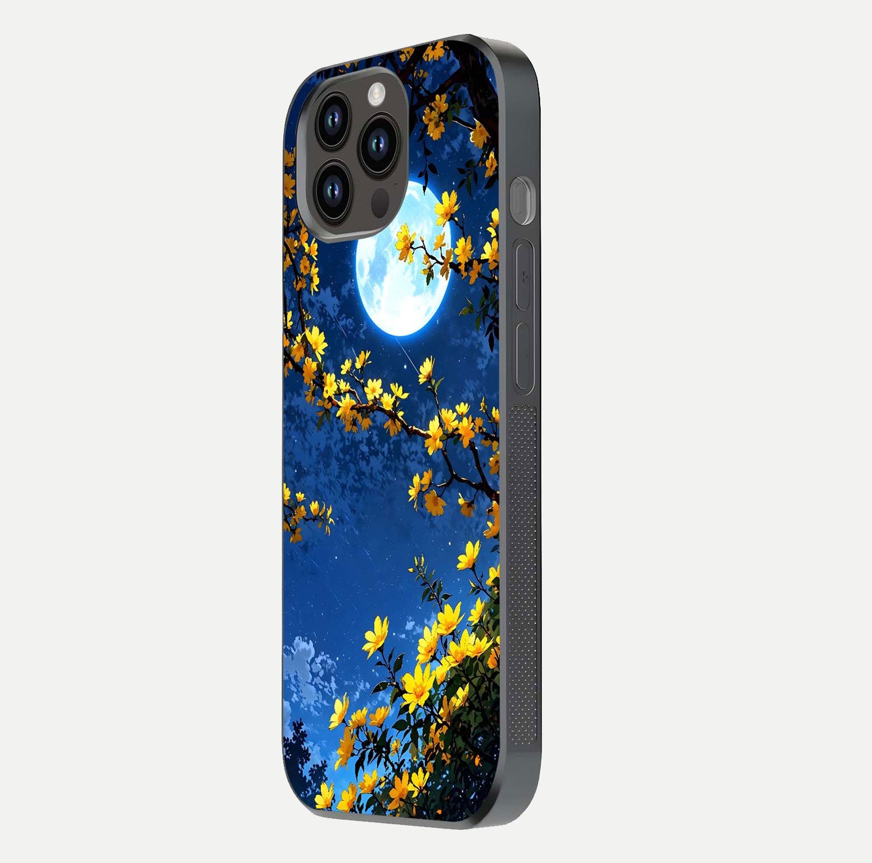 Golden Night Glow Glass Case for iPhone 14 Pro Max side-angle image showing reflection clarity and elegant golden tone