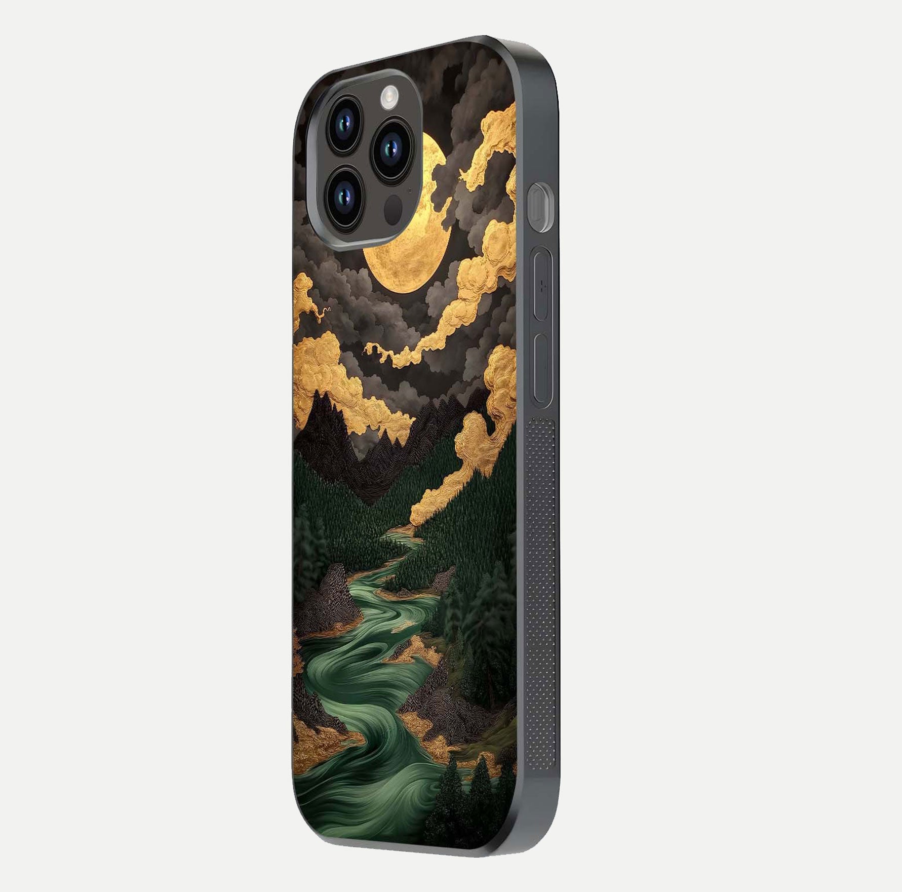 Golden River Moon Glass Case for iPhone 14 Pro Max side-angle image showing reflection clarity and detailed nightscape