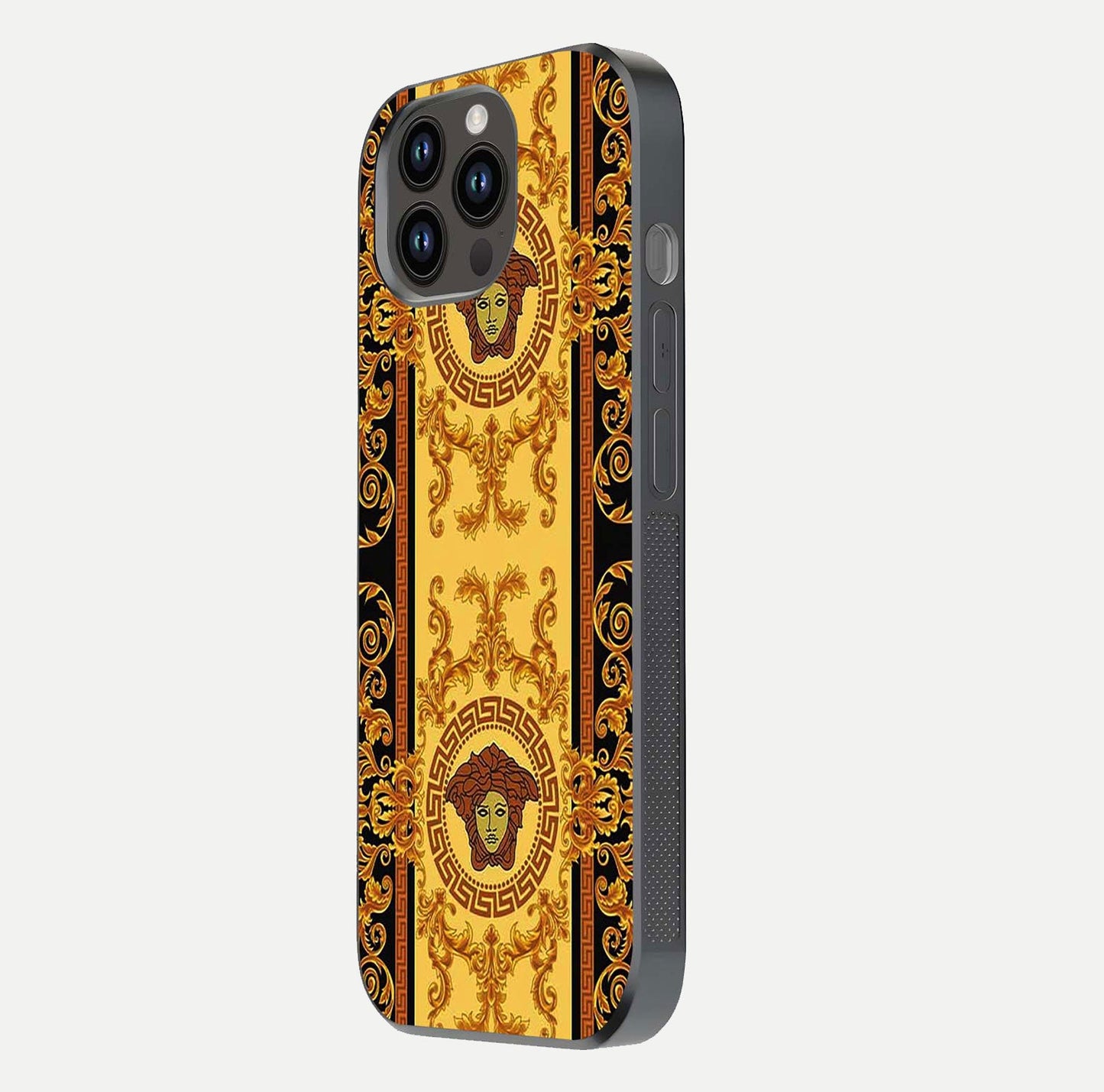 Golden Royal Heritage Glass Case for iPhone 14 Pro Max side-angle image showing reflection glow and luxury detailing