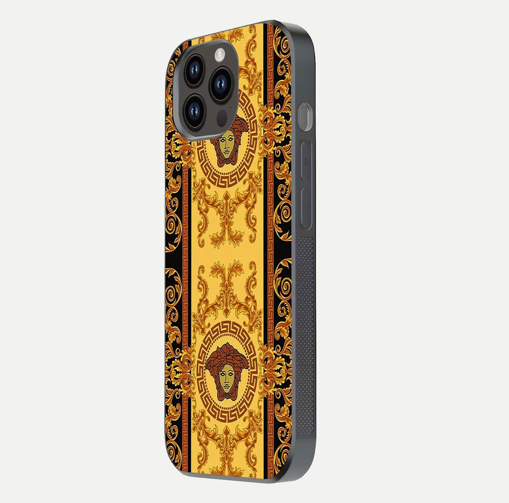 Golden Royal Heritage Glass Case for iPhone 14 Pro Max side-angle image showing reflection glow and luxury detailing
