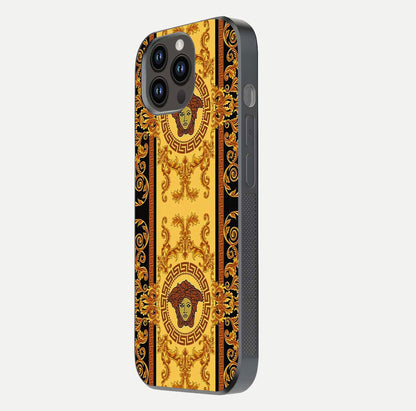 Golden Royal Heritage Glass Case for iPhone 14 Pro Max side-angle image showing reflection glow and luxury detailing