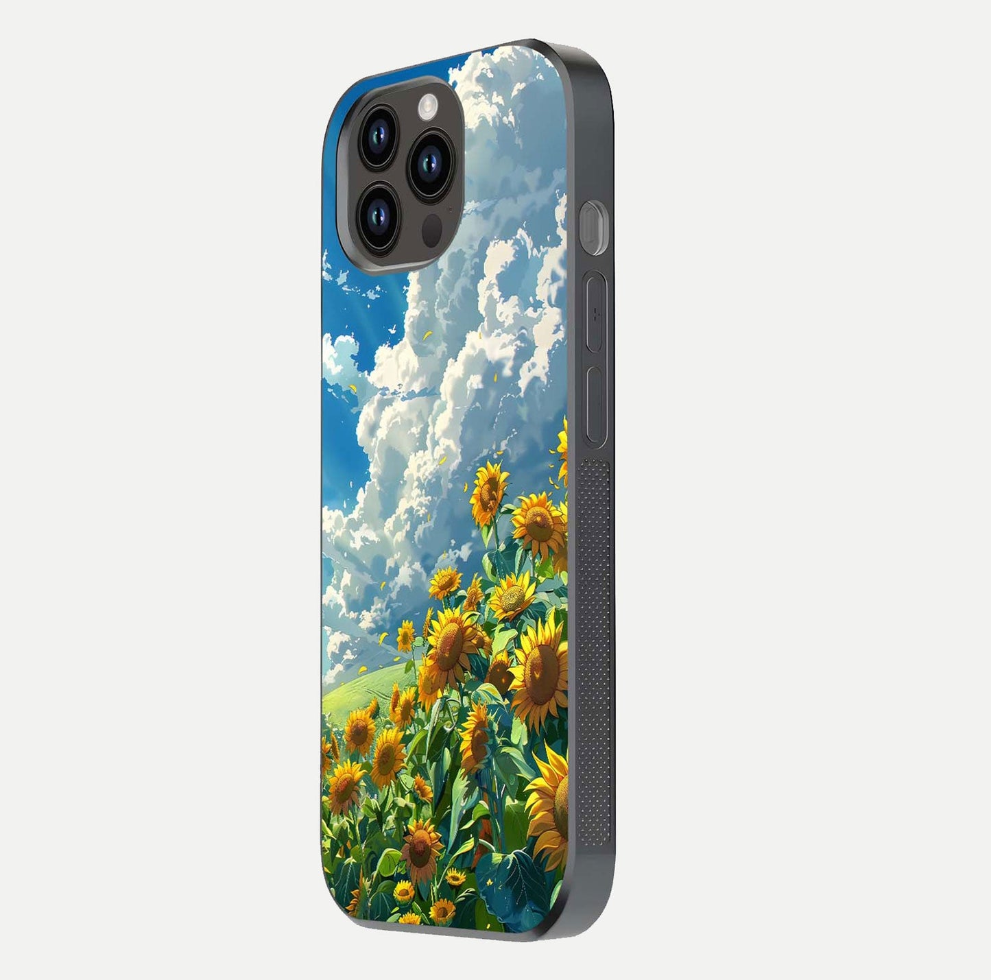 Golden Sun Glory Glass Case for iPhone 14 Pro Max side-angle image showing reflection glow and luminous texture