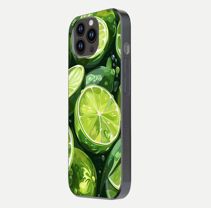 Green Lemon Glass Case for iPhone 14 Pro Max side-angle image showing reflection glow and juicy color tones