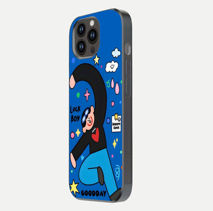 Happy Luck Vibe Glass Case for iPhone 14 Pro Max side-angle image showing reflection polish and vivid charm design