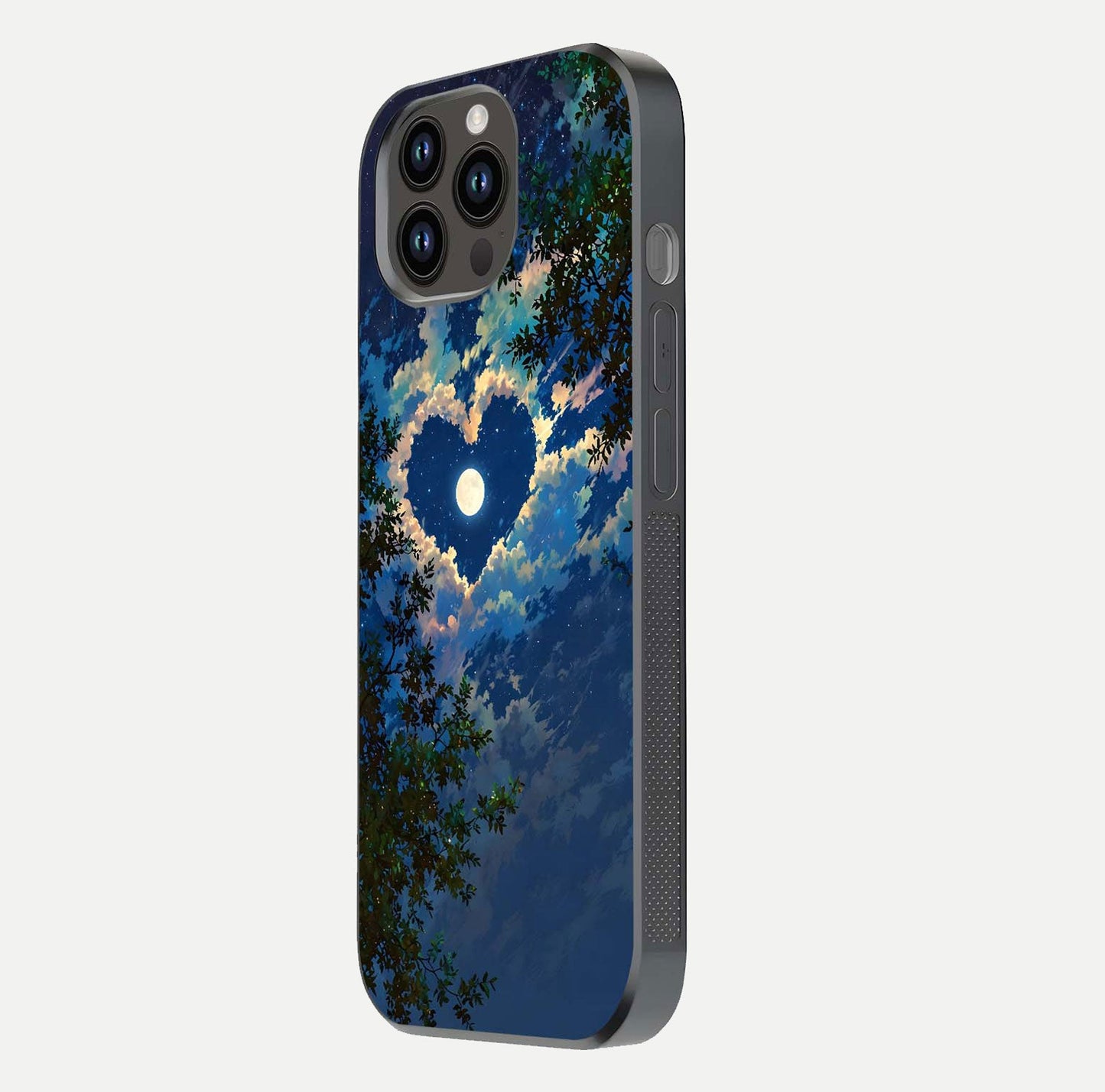 Heart with Moon Sky Glass Case for iPhone 14 Pro Max side-angle image showing reflection brightness and soft tone finish
