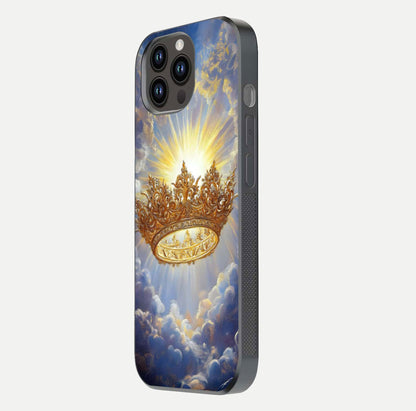 Heavenly Crown Light Glass Case for iPhone 14 Pro Max side-angle image showing reflection brilliance and elegant divine art