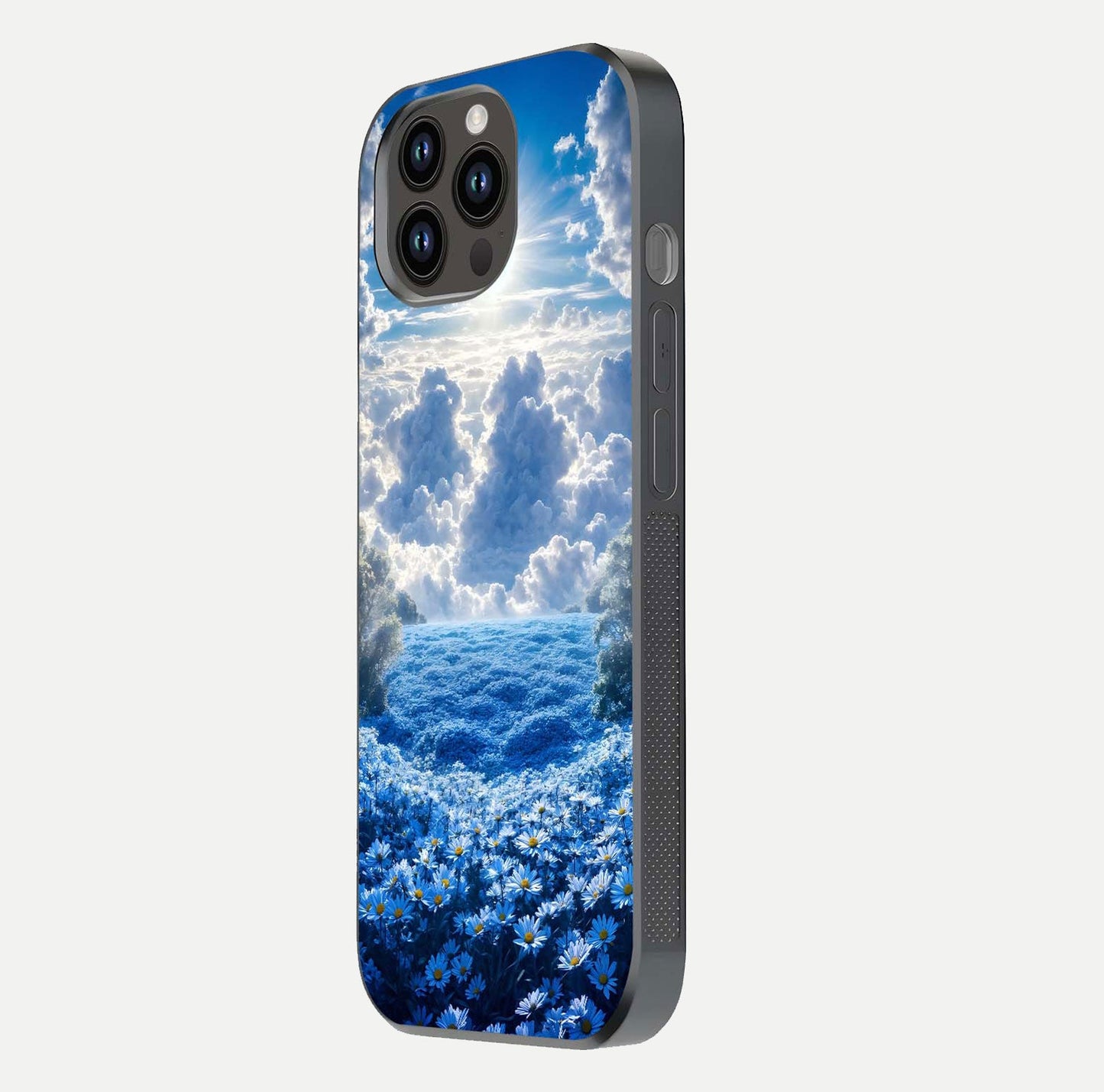 Heavenly Daisy Horizon Glass Case for iPhone 14 Pro Max side-angle image showing reflection depth and floral glow