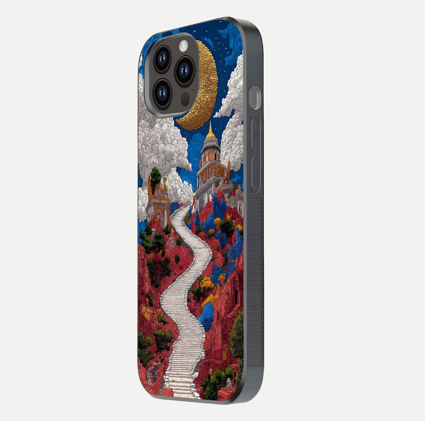 Heavenly Moon Path Glass Case for iPhone 14 Pro Max side-angle image showing reflection clarity and serene moon glow