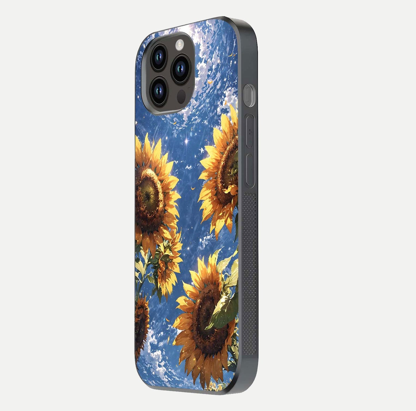 Heavenly Sunflower Rise Glass Case for iPhone 14 Pro Max side-angle image showing reflection glow and soft yellow tone