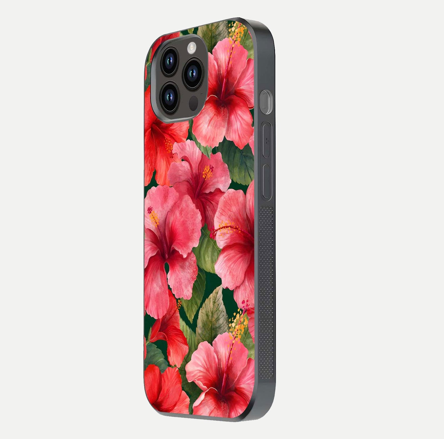 Hibiscus Pattern Glass Case for iPhone 14 Pro Max side-angle image showing reflection brightness and floral detailing