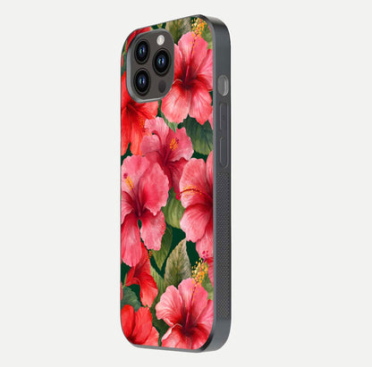 Hibiscus Pattern Glass Case for iPhone 14 Pro Max side-angle image showing reflection brightness and floral detailing