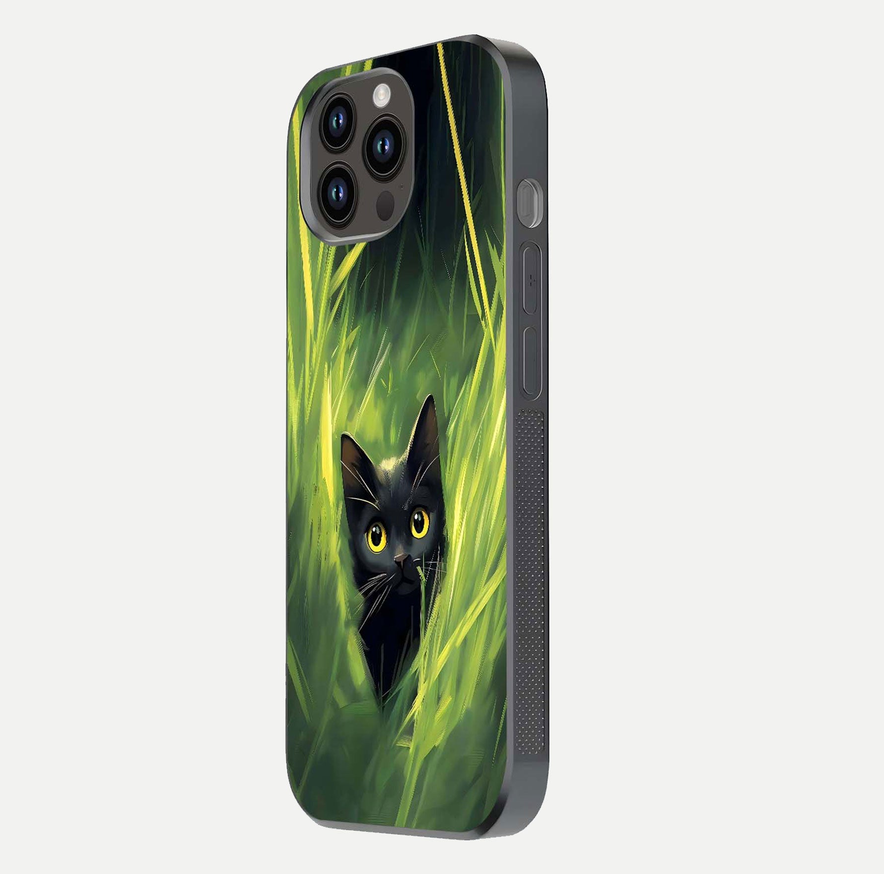 Hidden Cat Whisper Glass Case for iPhone 14 Pro Max side-angle image showing reflection glow and subtle artistic texture