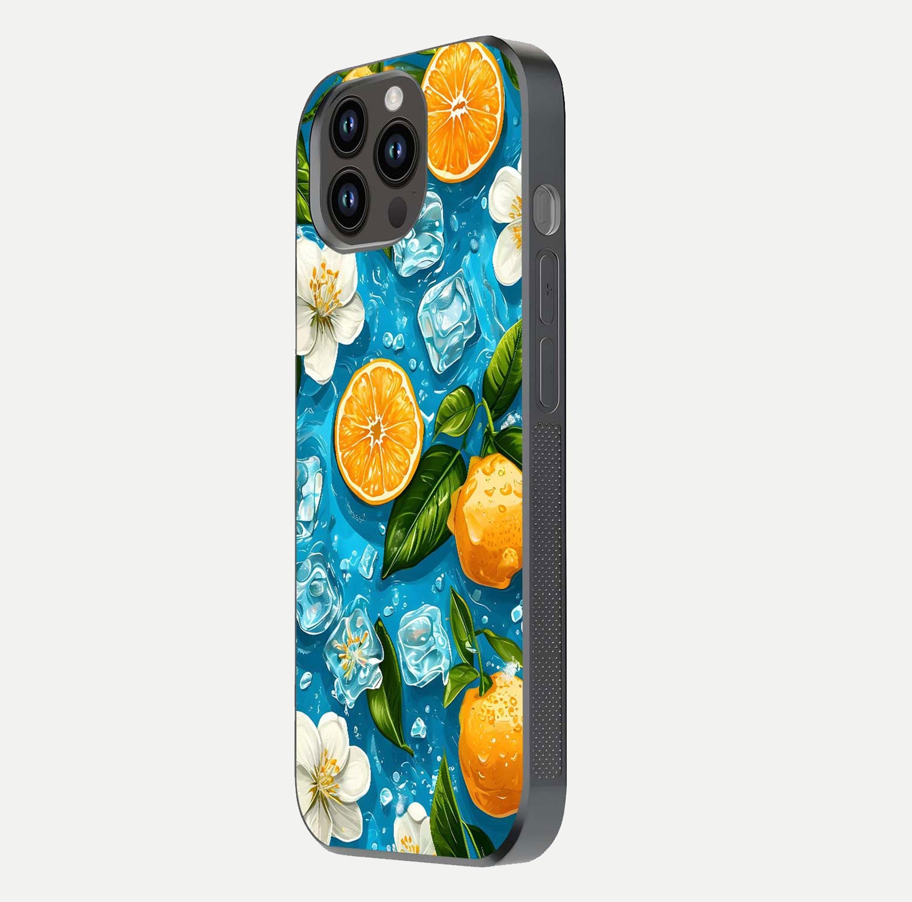 Ice Cube With Orange Glass Case for iPhone 14 Pro Max side-angle image showing reflection brightness and juicy pattern detail